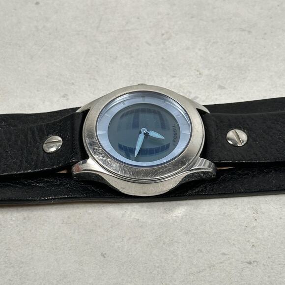 Fossil Big Tic Watch Mens 40mm Black Leather Cuff Grunge Rock New Battery - Picture 2 of 11